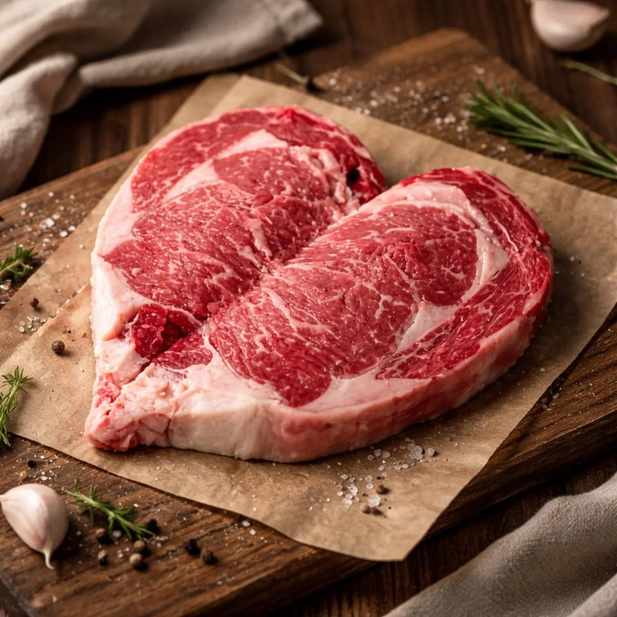 Bife cru em forma de coração sobre papel vegetal, com alecrim, alho e sal, imagem melhorada com IA